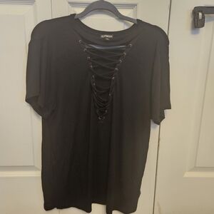 Express Black Lace-Up V-Neck Short Sleeve Top